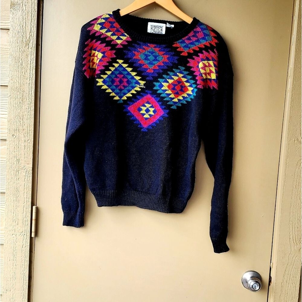 Vintage 1980s Modern Reign Womens Aztec South Western Black Colorful Sweater